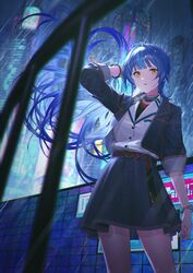  amairo_marina arm_at_side arm_up blue_hair blue_theme blurry blurry_foreground buttons cityscape cowboy_shot female floating_hair highres jacket long_hair looking_at_viewer multicolored_hair night official_art open_clothes open_jacket open_mouth outdoors rain shirt skirt solo standing streaked_hair takubon third-party_source virtual_youtuber voice-ore white_shirt yellow_eyes 