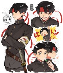  &gt;_&lt; 2boys absurdres arm_up armband black_eyes black_hair blush closed_eyes closed_mouth crossed_arms dango eating flying_sweatdrops food gakuran gyakuten_saiban hachimaki headband highres holding holding_food katana kazuma_asogi long_sleeves male_focus multiple_boys open_mouth red_headband ryunosuke_naruhodo sanshoku_dango school_uniform sheath sheathed simple_background siomeronpan17 sweat sword the_great_ace_attorney the_great_ace_attorney:_adventures translation_request wagashi weapon 