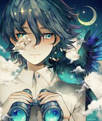  1boy animal animal_on_shoulder artist_name binoculars bird bird_on_shoulder blue_eyes blue_hair blue_sclera blush cloud collared_shirt colored_sclera constellation crescent_moon heterochromia highres holding holding_binoculars hoshi-pan light_smile looking_away male_focus mismatched_sclera moon night night_sky one-eyed original pigeon shirt short_hair sideways_glance sky smile solo star_(sky) surreal symbol-shaped_pupils thick_eyebrows 