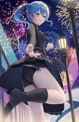  absurdres aerial_fireworks ass black_shirt black_shorts blue_eyes blue_hair commentary_request earrings female fireworks floating_hair glint grin highres hololive hoshimachi_suisei hoshimachi_suisei_(shout_in_crisis) jewelry lamppost long_hair nakaneabura8623 night night_sky official_alternate_costume official_alternate_hairstyle outdoors ponytail shirt shooting_star short_shorts shorts sky smile solo standing standing_on_one_leg star_(sky) star_(symbol) star_in_eye symbol_in_eye thighs turtleneck virtual_youtuber wing_hair_ornament 