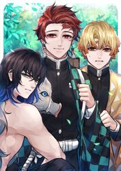  3boys agatsuma_zenitsu artist_name black_hair black_hakama black_jacket blonde_hair blue_hair blunt_bangs blunt_ends boar_mask border bright_pupils brown_eyes brown_hair burn_scar checkered_haori clenched_teeth closed_mouth colored_tips cowboy_shot demon_slayer_uniform falling_leaves gradient_hair green_eyes hair_between_eyes hakama hanafuda_earrings haori hashibira_inosuke high_collar highres jacket japanese_clothes kamado_tanjirou katana kimetsu_no_yaiba kimono leaf long_hair long_sleeves looking_at_viewer looking_back male_focus mask multicolored_hair multiple_boys ningyo outdoors parted_bangs parted_lips print_kimono red_eyes red_hair scar scar_on_face scar_on_forehead short_hair sweatdrop sword teeth thick_eyebrows toned toned_male topless_male triangle_print two-tone_hair unworn_mask weapon white_pupils 