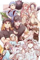  3girls 6+boys :d ^_^ adjusting_clothes adjusting_headwear agatsuma_zenitsu aqua_hair armband b_cell_(hataraku_saibou) b_cell_(hataraku_saibou)_(cosplay) backwards_hat black_eyes black_gloves black_headwear black_shirt blonde_hair blue_headwear blue_jacket blue_shirt braid clenched_hands closed_eyes closed_mouth cosplay cowboy_shot crossed_arms fingerless_gloves flag gloves grin hand_on_own_cheek hand_on_own_face hashibira_inosuke hat hataraku_saibou highres holding holding_flag holding_knife holding_weapon jacket jewelry kamado_nezuko kanroji_mitsuri killer_t_(hataraku_saibou) killer_t_(hataraku_saibou)_(cosplay) kimetsu_no_yaiba knife kochou_shinobu long_hair looking_away mace macrophage_(hataraku_saibou) macrophage_(hataraku_saibou)_(cosplay) mole mole_under_eye mouth_hold multiple_boys multiple_girls open_clothes open_mouth open_shirt pale_skin pink_eyes pink_hair platelet_(hataraku_saibou) platelet_(hataraku_saibou)_(cosplay) ponytail profile purple_eyes purple_hair rengoku_kyoujurou rengoku_senjurou reverse_grip ring scar scar_on_cheek scar_on_face scar_on_forehead scar_on_nose scared shinazugawa_sanemi shirt short_hair short_sleeves smile standing tomioka_giyuu tonomayo twin_braids upper_body uzui_tengen weapon whistle white_blood_cell_(hataraku_saibou) white_blood_cell_(hataraku_saibou)_(cosplay) white_gloves white_hair white_headwear white_jacket yellow_eyes yushiro_(kimetsu_no_yaiba) 