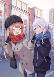  2girls :d :t ^_^ bag beanie black_gloves black_headwear black_jacket blue_gloves blue_pants blue_scarf blush breasts brown_coat brown_eyes brown_hair building closed_eyes closed_mouth coat commentary_request day facing_another finger_to_another&#039;s_cheek fur-trimmed_gloves fur_trim gloves grey_hair hair_between_eyes hat jacket long_hair long_sleeves looking_at_another medium_breasts multiple_girls open_mouth original outdoors pants peroncho pout scarf short_eyebrows smile thick_eyebrows very_long_hair 