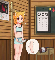  ahoge animal_ear_fluff animal_ears bike_shorts blonde_hair blue_bra blue_shorts blush bra brown_vest closed_mouth commentary_request cookie_(touhou) eye_chart feet_out_of_frame female fox_ears fox_girl hair_ornament hairpin height_conscious holding indoors landolt_c looking_at_viewer medium_hair miramikaru_riran navel no_tail red_eyes shirt shorts smile solo stadiometer tiptoes translation_request underwear unworn_shirt vest white_shirt yan_pai 