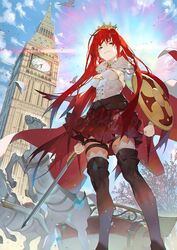  architecture bird blue_eyes boots boudica_(fate) boudica_(third_ascension)_(fate) breasts building chariot cloud cloudy_sky crown elizabeth_tower european_architecture fate/grand_order fate_(series) female highres horse kazeto long_hair red_hair shield skirt sky solo sword thigh_boots thighhighs tree weapon 