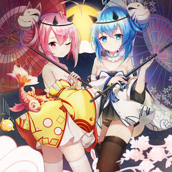  2girls ahoge azur_lane bare_shoulders bird black_panties black_thighhighs blue_eyes blue_hair breasts brown_thighhighs chick choker cleavage closed_eyes cloud commentary_request cowboy_shot detached_sleeves fish floral_print fox_mask full_moon holding holding_umbrella horns ikazuchi_(azur_lane) ikazuchi_(thunderous_festival)_(azur_lane) inazuma_(azur_lane) inazuma_(flash_of_fireworks)_(azur_lane) japanese_clothes kana_(kuaua) kimono koi long_hair long_sleeves looking_at_viewer manjuu_(azur_lane) mask mask_on_head medium_breasts mid-autumn_festival moon motion_lines multiple_girls night night_sky oil-paper_umbrella one_eye_closed panties photoshop_(medium) pink_hair red_eyes short_kimono sidelocks sky smile standing strapless thighhighs umbrella underwear white_kimono wide_sleeves yellow_kimono zettai_ryouiki 