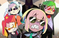  2boys 3girls adjusting_eyewear amano_pikamee arms_behind_head bent_over bird black_jacket blonde_hair blue_eyes close-up collared_shirt colored_tips commentary daimonji_ryugon foreshortening formal frown gloves green_necktie grin gyari_(bird) haneuzu_miuneru hikasa_tomoshika jacket looking_at_viewer multicolored_hair multiple_boys multiple_girls necktie open_mouth red_scarf scarf sharp_teeth shirt smile suit sunglasses symbol-only_commentary teeth tokiharu twintails v-shaped_eyebrows virtual_youtuber voms white_gloves white_hair white_shirt 