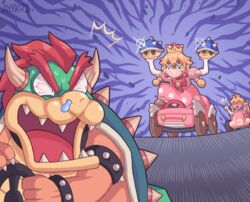  1boy 2girls ^^^ armlet ayyk92 blonde_hair bloodshot_eyes blue_shell_(mario) bowser bracelet commentary crown dress english_commentary glint go-kart jewelry long_hair mario_(series) mario_kart mario_kart_8 mario_kart_tour multiple_girls new_super_mario_bros._u_deluxe peachette princess_peach snot spiked_armlet spiked_bracelet spiked_shell spikes standard_kart_(mario) super_crown thumbs_up turtle_shell 