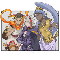  ! 2boys :3 ? absurdres ancient_greek_clothes armor athena_(hades) bag black_armor black_hair blue_hair body_armor braid brown_eyes cape character_name commentary_request crossover dark-skinned_female dark_skin earrings fate/grand_order fate_(series) female greco-roman_clothes grey_hair hades_(series) hades_1 hand_on_own_chin head_wings helmet hermes_(hades) highres jewelry laurel_crown multicolored_hair multiple_boys odysseus_(fate) orange_scarf scarf shoulder_bag single_braid spoken_exclamation_mark spoken_question_mark streaked_hair stroking_own_chin tia_(cocorosso) wings yellow_eyes 