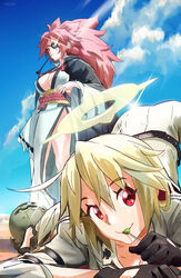  2girls absurdres baiken blonde_hair bodysuit breasts candy cloud eyepatch food gloves guilty_gear guilty_gear_xrd hair_between_eyes halo highres holding holding_candy holding_food holding_lollipop jack-o&#039;_valentine japanese_clothes kimono large_breasts letro lollipop long_hair looking_at_viewer mouth_hold multiple_girls outdoors pink_hair red_eyes scar scar_across_eye sky sparkle spiked_halo standing top-down_bottom-up wide_sleeves 