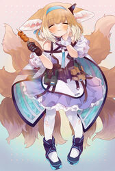  absurdres animal_ears apron arknights bare_shoulders black_footwear black_gloves blonde_hair blue_hairband blush closed_eyes commentary_request dango eating female food fox_ears fox_tail full_body gloves grey_pantyhose grey_skirt hair_rings hairband highres holding holding_food holding_skewer infection_monitor_(arknights) kitsune kyuubi multicolored_background multiple_tails pantyhose petticoat pouch shoes short_hair single_glove skewer skirt smile solo standing suzuran_(arknights) tail takumi_mizuki torn_clothes torn_pantyhose wagashi waist_apron white_apron white_pantyhose wrist_cuffs 