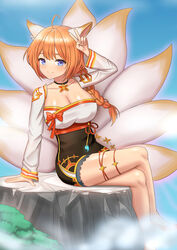  absurdres animal_ears bad_id bad_pixiv_id blue_eyes breasts collar eight-tailed_fox_nari female fox_ears fox_girl fox_tail full_body guardian_tales hand_up highres korean_commentary leaping_(fle8410) looking_at_viewer multiple_tails orange_hair pose ribbon solo tail 