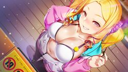  adella_(some_some_convenience_store) black_pants blonde_hair blush bra breasts cleavage collarbone earphones emoji female floor from_above game_cg hair_ornament hair_scrunchie highres indoors jacket korean_text long_hair long_sleeves looking_at_viewer looking_up multicolored_hair navel open_clothes open_jacket pants parted_bangs parted_lips pink_jacket purple_eyes scrunchie smile solo some_some_convenience_store standing stomach streaked_hair talesshop teeth translation_request twintails underwear white_bra 