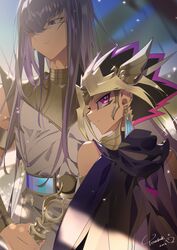  2boys artist_name atem bad_id bad_pixiv_id black_hair blonde_hair blurry blurry_background commentary dyed_bangs earrings eye_of_horus facial_mark hair_over_one_eye headpiece jewelry long_hair looking_back mahado male_focus multicolored_hair multiple_boys pink_eyes pink_hair purple_hair robe smile standing symbol-only_commentary upper_body yami_yugi youduk yu-gi-oh! yu-gi-oh!_duel_monsters 