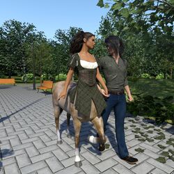  1:1 bench centaur clothed clothing duo equid equid_taur european_mythology female greek_mythology hand_holding hi_res hulksmash31 hulksmash31_(artist) human humanoid_taur male male/female mammal mammal_taur mythology park park_bench plant romantic romantic_couple taur tree 