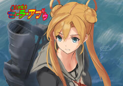  abukuma_(kancolle) abukuma_kai_ni_(kancolle) bishoujo_senshi_sailor_moon bishoujo_senshi_sailor_moon_s black_jacket blonde_hair blue_eyes commentary_request derivative_work double_bun female grey_sailor_collar hair_bun hair_over_shoulder hair_rings haruto_(harut_n) jacket kantai_collection long_hair look-alike machinery meme sailor_collar sailor_moon_redraw_challenge_(meme) school_uniform screenshot_redraw serafuku solo twintails upper_body 