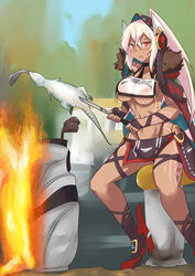  ankle_wrap azur_lane black_panties blue_cape blush bodypaint breast_curtain breasts brown_cape brown_gloves brown_hood brown_skirt cape commentary_request cooking crossed_bangs dark-skinned_female dark_skin facepaint female fingerless_gloves fire full_body fur-trimmed_cape fur_trim gloves golf_club hair_between_eyes high_ponytail highleg highleg_panties highres holding holding_golf_club hood hood_up large_breasts lizard loincloth long_hair looking_at_viewer midriff minneapolis_(azur_lane) multicolored_cape multicolored_clothes o-ring o-ring_bottom open_mouth panties red_cape red_eyes red_footwear revealing_clothes rudder_footwear sangue_llia showgirl_skirt skirt solo standing underboob underwear very_long_hair white_cape white_hair 