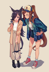  2girls absurdres animal_ears bag bare_legs baseball_cap black_footwear black_hair blue_shirt boots boston_red_sox brown_eyes brown_hair brown_jacket brown_skirt casual cellphone collarbone collared_shirt denim denim_shorts fuyukayui hair_over_one_eye hat highres holding holding_bag holding_phone horse_ears horse_girl horse_tail jacket long_hair long_skirt long_sleeves looking_at_phone multiple_girls open_clothes open_mouth open_shirt phone ponytail purple_eyes red_footwear rice_shower_(umamusume) sakura_bakushin_o_(umamusume) shirt shoes shorts simple_background skirt sleeves_rolled_up smartphone sneakers socks swept_bangs tail umamusume white_shirt 