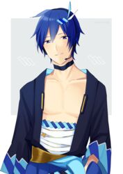  1boy blue_eyes blue_hair blue_robe commentary grey_background hair_ornament headset kaito_(vocaloid) magical_mirai_(vocaloid) magical_mirai_kaito magical_mirai_kaito_(2020_summer) male_focus midriff_sarashi nokuhashi open_clothes open_shirt parted_lips robe sarashi smile upper_body vocaloid 