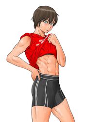  abs aqua_eyes bare_arms black_sports_bra blush brown_hair clothes_lift cowboy_shot female from_side hair_between_eyes hand_on_own_hip highres messy_hair mizuguchi_naoki muscular muscular_female navel parted_lips red_shirt saotome_senshu_hita_kakusu saotome_yae shirt shirt_lift short_hair simple_background sleeves_rolled_up solo sports_bra sportswear standing sweat t-shirt tomboy very_short_hair white_background 