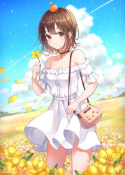  artist_name bag bare_shoulders blue_sky blush breasts brown_eyes brown_hair choker cleavage closed_mouth cloud cloudy_sky collarbone commentary contrail cowboy_shot day dress female flower food food_on_head fruit_on_head highres holding holding_flower looking_at_viewer meadow medium_breasts object_on_head off-shoulder_dress off_shoulder original outdoors petals short_hair short_sleeves shoulder_bag sky smile solo soyubee sparkle standing symbol-only_commentary white_dress yellow_flower 