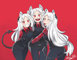  3girls :d ;p absurdres animal_ears artist_name black_necktie black_pants black_vest blush breasts cerberus_(helltaker) commentary demon_tail dog_ears english_commentary grey_hair grin hand_on_another&#039;s_head helltaker highres medium_breasts multiple_girls necktie one_eye_closed open_mouth pants red_background red_eyes red_shirt sharp_teeth shirt siblings sisters smile tail teeth thigh_gap tongue tongue_out triplets untold vest 