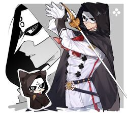  1boy absurdres ascot black_cape cape closed_mouth gloves gyakuten_saiban highres holding holding_sword holding_weapon hood hood_up hooded_cape jacket long_sleeves male_focus mask masked_apprentice_(ace_attorney) multiple_views pants parted_lips red_ascot simple_background siomeronpan17 sword the_great_ace_attorney the_great_ace_attorney_2:_resolve weapon white_gloves 