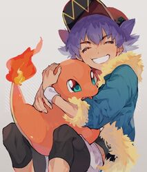  1boy aged_down baseball_cap black_legwear black_shirt blue_jacket blush charmander closed_eyes commentary_request eyelashes fire flame-tipped_tail fur-trimmed_jacket fur_trim green_eyes grin hat jacket leggings leon_(pokemon) male_focus pokemon pokemon_(creature) pokemon_swsh red_headwear shirt shorts siomeronpan17 sleeves_past_elbows smile teeth white_shorts wristband 