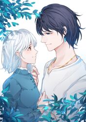  1boy bead_necklace beads black_hair blue_dress blue_eyes bob_cut breasts brown_eyes couple dress earrings eye_contact female gold_necklace hair_between_eyes hand_in_another&#039;s_hair howl_(howl_no_ugoku_shiro) howl_no_ugoku_shiro jewelry leaf light_blush long_sleeves looking_at_another necklace ningyo shirt short_hair smile sophie_(howl_no_ugoku_shiro) straight upper_body white_background white_hair white_shirt 