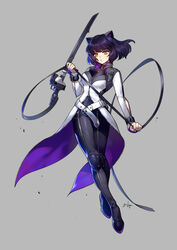  animal_ears black_hair black_pants blake_belladonna boots cat_ears cat_girl coattails commentary cost ein_lee english_commentary female gambol_shroud grey_background gun handgun highres kama_(weapon) katana kusarigama long_sleeves official_art pants rwby short_hair sickle sword weapon yellow_eyes zipper 