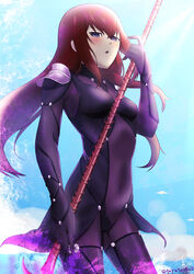  absurdres alternate_costume blue_background bodysuit breasts commentary_request cosplay covered_navel cowboy_shot dark_red_hair fate/grand_order fate_(series) female floating_hair gae_bolg_(fate) hair_between_eyes highres holding holding_polearm holding_weapon long_hair makise_kurisu open_mouth polearm purple_bodysuit purple_eyes red_hair scathach_(fate) scathach_(fate)_(cosplay) small_breasts solo spear standing steins;gate straight_hair tayutau0a0 twitter_username very_long_hair weapon 