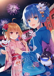  2girls :d aerial_fireworks ahoge animal baggy_pants bell blue_eyes blue_hair blurry blurry_background bow brown_hair candy_apple closed_mouth commentary_request commission depth_of_field english_text fireworks fish flower food goldfish hair_bell hair_flower hair_ornament hand_fan hitsuki_rei holding holding_fan holding_food japanese_clothes jingle_bell kimono looking_at_viewer looking_back multicolored_hair multiple_girls night night_sky obi open_mouth outdoors pants paper_fan pink_hair purple_bow red_eyes red_flower sash setsuna_(shironeko_project) shironeko_project sky smile streaked_hair striped striped_bow summer_festival torii towa_(shironeko_project) uchiwa white_flower 