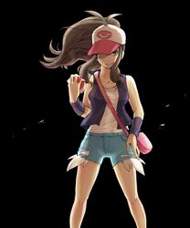  bag baseball_cap black_background blue_eyes blue_shorts brown_hair commentary_request denim denim_shorts detached_sleeves exposed_pocket female floating_hair grin handbag hat highres hilda_(pokemon) holding holding_poke_ball kamihitoe long_hair looking_at_viewer poke_ball poke_ball_(basic) pokemon pokemon_bw ponytail shirt shorts simple_background sleeveless sleeveless_shirt smile solo standing vest white_shirt 