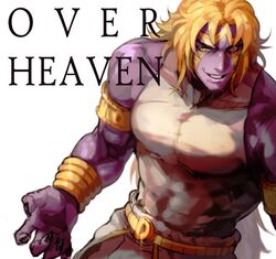  1boy armband black_nails blonde_hair colored_skin commentary_request dio_brando facial_mark fingernails heaven_ascended_dio jojo_no_kimyou_na_bouken jojo_no_kimyou_na_bouken:_eyes_of_heaven long_hair male_focus muscular nail_polish purple_skin sb_(hiratsei) sharp_fingernails shiny smile solo upper_body very_long_hair wrist_cuffs yellow_eyes 