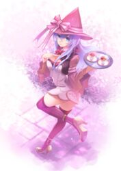  blue_eyes commentary_request fantasy_earth fantasy_earth_zero female full_body hat highres long_hair purple_hair ryouku solo sorcerer_(binoche_outfit)_(fantasy_earth_zero) sorcerer_(fantasy_earth_zero) thighhighs tray 