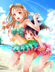  2girls \m/ bikini bikini_skirt black_hair brown_eyes brown_hair commentary_request double_\m/ green_bikini long_hair love_live! love_live!_school_idol_project minami_kotori multiple_girls o-ring o-ring_top photoshop_(medium) polka_dot polka_dot_bikini red_eyes saojou swimsuit twintails wrist_flower yazawa_nico 