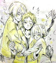  2boys aston_altland blonde_hair brother_and_sister brown_hair commentary female fuuka_uno group_hug gundam gundam_tekketsu_no_orphans hand_on_another&#039;s_head highres hug multiple_boys retasu_(gokigen_oyasai) siblings smile spoilers takaki_uno 