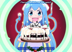  blue_eyes blue_hair cake candle christmas commentary_request female food hat ikamusume ink knife long_hair photoshop_(medium) prehensile_hair shinryaku!_ikamusume solo tentacle_hair touge_hiro translated 