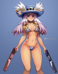  bad_id bad_pixiv_id bikini blue_eyes blush cowboy_hat crusaders_quest d&#039;artagnan_(crusaders_quest) dual_wielding epaulettes female gun handgun hat highleg highleg_bikini highleg_swimsuit holding long_hair micro_bikini navel notte purple_hair serious skindentation solo striped_bikini striped_clothes suppressor swimsuit weapon wide_hips 