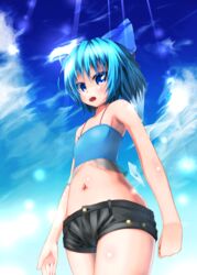  bare_shoulders blue_eyes blue_hair cirno cloud collarbone cowboy_shot crop_top day female from_below hair_ornament hair_ribbon highres hotpants ice_wings looking_at_viewer looking_down midriff navel ochakan ribbon short_hair shorts sky solo standing strap team_shanghai_alice touhou 