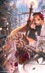  blonde_hair blue_eyes broom broom_riding city commentary_request flying john_hathway long_hair multiple_girls original photoshop_(medium) solo_focus striped_clothes striped_thighhighs symbol-shaped_pupils thighhighs unconventional_broom 