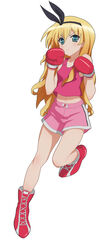  blonde_hair boxing_gloves commentary_request female green_eyes isurugi_mio kyoudyu long_hair mm! pink_shorts shorts simple_background solo tank_top 