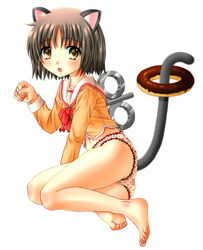  animal_ears barefoot black_hair brown_eyes cat_ears cat_tail commentary_request doughnut female food food_on_tail highres hyadain_no_joujou_yuujou legs nichijou no_pants panties polka_dot sachiko school_uniform serafuku shinonome_nano short_hair sitting solo tail toes tokisadame_school_uniform underwear winding_key yokozuwari 