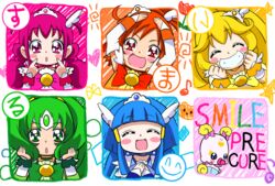  5girls :d :o ^_^ aged_down aoki_reika blonde_hair blue_hair bow cheek_poking chibi choker closed_eyes commentary_request copyright_name cure_beauty cure_happy cure_march cure_peace cure_sunny green_choker green_eyes green_hair grin hair_flaps hino_akane_(smile_precure!) hoshizora_miyuki long_hair mahkn midorikawa_nao multiple_girls open_mouth orange_eyes orange_hair pink_bow pink_choker pink_eyes pink_hair poking precure rainbow_text ruffling_hair smile smile_precure yayoi_kise 