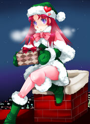  bad_id bad_pixiv_id boots breath chimney christmas commentary_request female gift green_santa_costume gundam gundam_seed gundam_seed_destiny hat heart holding holding_gift meyrin_hawke mittens pantyhose santa_boots santa_costume santa_hat sitting solo tooru_jin 