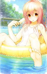  absurdres afloat antenna_hair barefoot day empty_eyes feet female food highres innertube kimi_to_kanojo_to_kanojo_no_koi. mukou_aoi_(totono) official_art one-piece_swimsuit open_mouth pink_hair pool popsicle school_swimsuit sitting soles swim_ring swimsuit toes tree tsuji_santa water white_one-piece_swimsuit yellow_eyes 