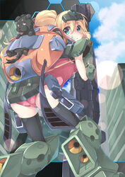  backpack bag blonde_hair canine cloud commentary_request day female from_below gm_sniper_k9 green_eyes gun gundam gundam_build_fighters looking_back mecha_musume rifle swimsuit thrusters twin_(tt_lsh) weapon 