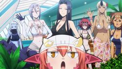  bikini blue_skin cleavage dog_girl dullahan lala_(monster_musume) miia_(monster_musume) monster_musume_no_iru_nichijou ms._smith multiple_girls ogre polt rachnera_arachnera red_hair spider_girl swimsuit tionishia white_hair zombina 