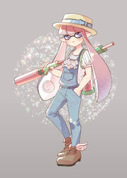  commentary_request cross-laced_footwear female full_body gun hand_in_pocket hat ink_tank_(splatoon) inkling inkling_girl inkling_player_character overalls photoshop_(medium) pink_eyes pink_hair pointy_ears shirt shoes solo splat_charger_(splatoon) splatoon_(series) splatoon_1 striped_clothes striped_shirt tentacle_hair twitter_username weapon winged_footwear wings yoru_(kayoru) 