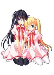  2girls :d black_hair black_legwear blonde_hair blue_eyes bow commentary_request eyepatch hair_ornament hair_ribbon hairbow kazamatsuri_institute_high_school_uniform konohana_lucia leaning_on_person long_hair looking_at_viewer multiple_girls nakada_rumi nakatsu_shizuru open_mouth pantyhose ponytail rewrite ribbon school_uniform sitting smile thighhighs twintails 